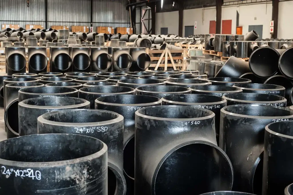 Fittings Large-diameter black steel butt-weld pipe tees and reducing tees stacked in a Pipechem warehouse