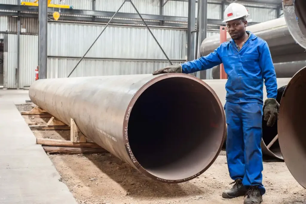 Pipechem worker standing alongside a large-diameter industrial steel line pipe in a Pipechem warehouse