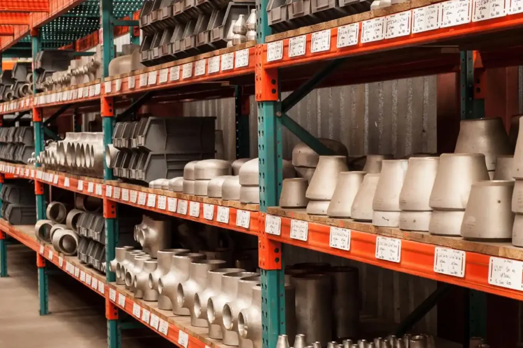 Fittings Pipechem warehouse racking stocked with stainless steel pipe caps, reducers, tees, and forged fittings
