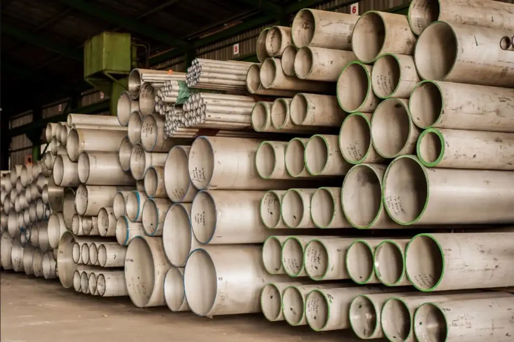 Pipechem warehouse storage showing stacked industrial stainless steel pipes with color-coded specifications