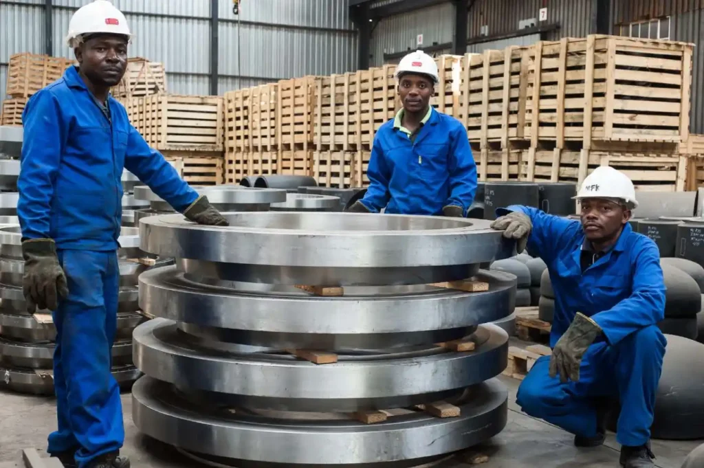 Pipechem warehouse team posing beside stacked large-diameter forged steel flanges inside a Pipechem warehouse